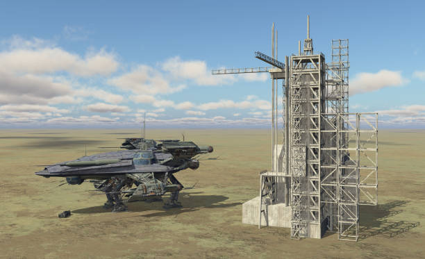 istock Spacecraft and space station in a landscape 638226734
