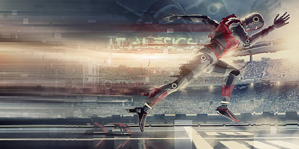 Abstract Robot Sprinting Athlete Bursting From Starting Blocks In Stadium A manipulated abstract image of a futuristic robot athlete sprinter, bursting out of the starting blocks during a race. The cyborg is competing during an athletics event in a generic outdoor stadium full of spectators under a dramatic evening sky. This image is heavily blurred and distorted to give feeling of speed. super fast stock pictures, royalty-free photos & images
