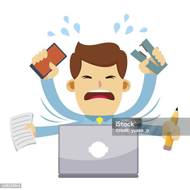 Businessman Feeling Stressed Working Behind Laptop Stock Illustration - Download Image Now - Adult, Business, Business Finance and Industry