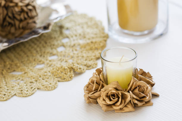 istock Beautiful table set with candles and flowers 638234526
