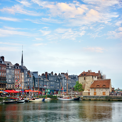 View of ancient buildings in the harbor in Honfleur, Normandy, France