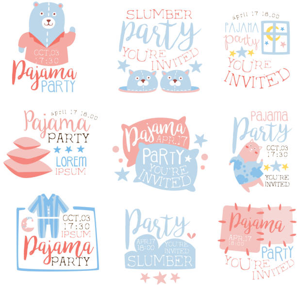 Pink And Blue Girly Pajama Party Invitation Templates Pink And Blue Girly Pajama Party Invitation Templates Set Inviting Kids For The Slumber Pyjama Overnight Sleepover Cards. Collection Of Stencils For The Welcome Postcards With Night And Bed Symbols In Pastel Colors. slumber party stock illustrations