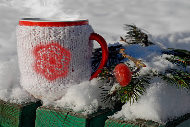 istock Knitted cup of hot drink in winter background 638238970