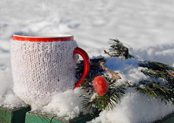 istock Knitted cup of hot drink in winter background 638239014