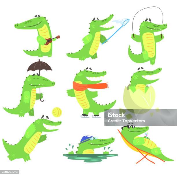Humanisierter Krokodilcharakter Jeden Tag Aktivitäten Sammlung Von Illustrationen Stock Vektor Art und mehr Bilder von Echte Krokodile