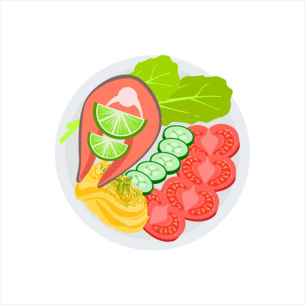 Salmon Grilled Steak And Side Of Fresh Vegetables Salmon Grilled Steak And Side Of Fresh Vegetables And Mashed Potatoes Vector Illustration Of Food Cooked On Grill Cafe Menu Dish. Part Of Grill Restaurant Set Of Cartoon Drawings With Ready Meals And Their Cooking Process. heathy stock illustrations