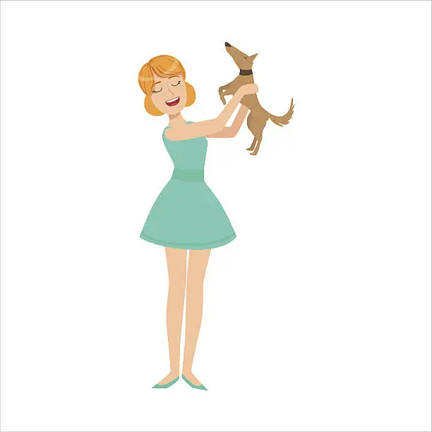 Vector illustration of Pretty Girl In Blue Dress Playing With Her Smal Brown