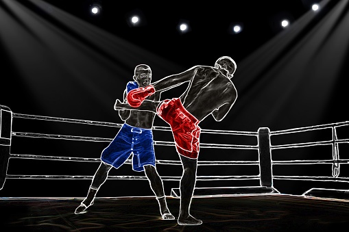 abstract image. Athletes are boxing in the ring extreme Sport mixed martial arts competition tournament moment of battle punches MMA.