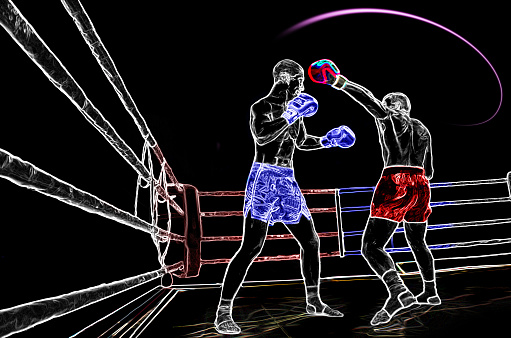 abstract image. Athletes are boxing in the ring extreme Sport mixed martial arts competition tournament moment of battle punches MMA.