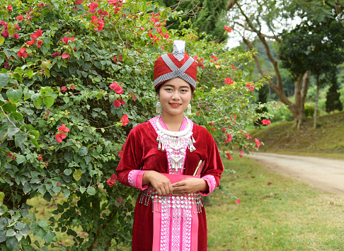 Chiang Rai, Thailand - January 3, 2017: Portrait of Unidentified Hmong  girls wearing traditional dress during Lunar New Year holiday in Chiang  rai ,Thailand.