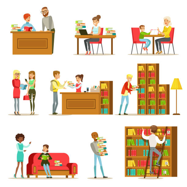 ilustraciones, imágenes clip art, dibujos animados e iconos de stock de personas que hablan y leen libros en el conjunto de ilustraciones de la biblioteca - librarian