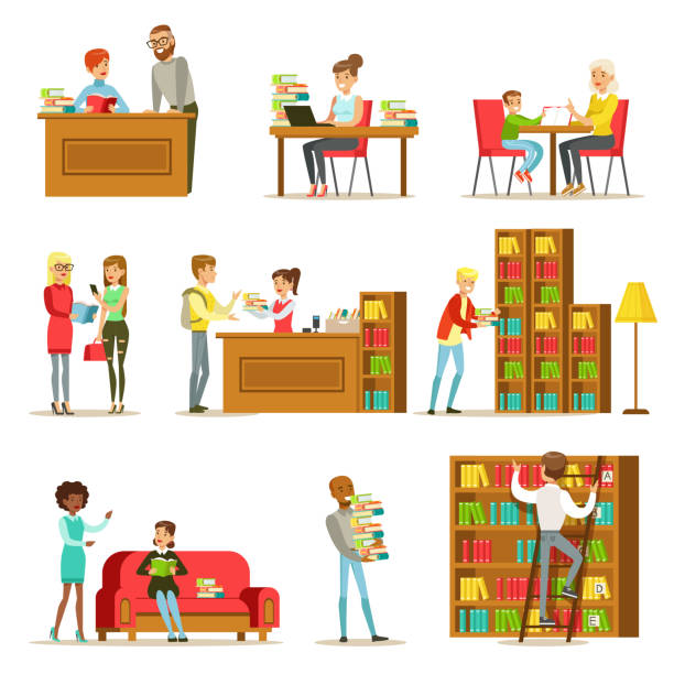 illustrations, cliparts, dessins animés et icônes de les gens parlent et lisent des livres dans la bibliothèque ensemble d’illustrations - librarian