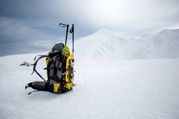istock Backpack in wintertime against big snowy mountain 638256986