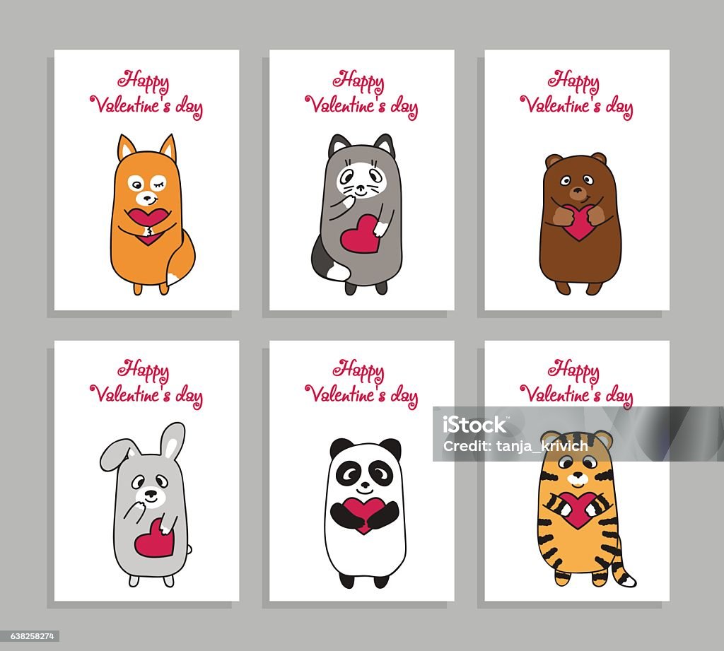 Vector Funny Animals Hand Drawn Picture For Valentines Day Stock ...