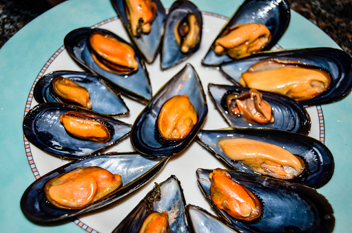Plate full of mussels.
