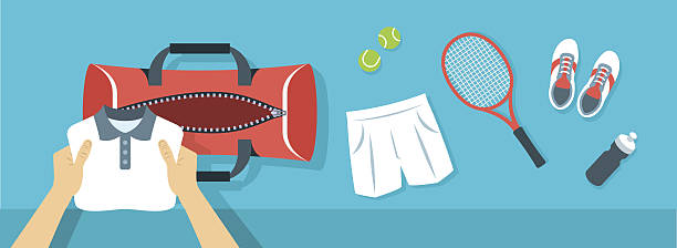 ilustrações, clipart, desenhos animados e ícones de homem coloca coisas de tênis em faixa vetorial de saco esportivo - tennis open