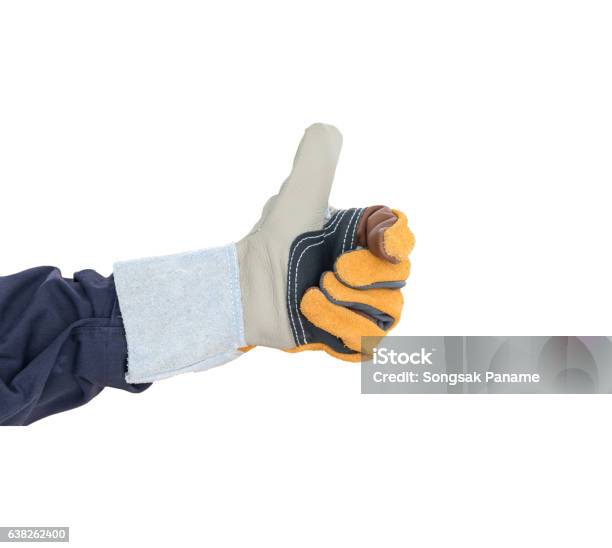 Hand With The Thump Up In Rough Leather Glove Stock Photo - Download Image Now - Glove, Protective Glove, Welder