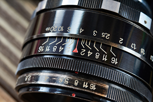 Retro photo slr camera lens closeup