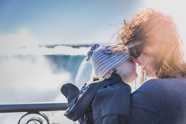 Niagara, Canada -04 October 2019 : Boat Full of Tourists Gets Sprayed by Horseshoe Waterfall Under Rainbow in Niagara Falls Ontario Canada