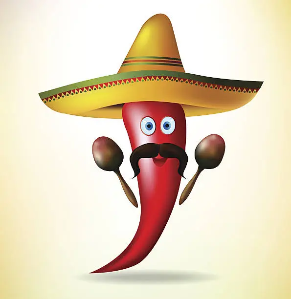 Vector illustration of Illustration Mexican Symbols, Red Chili, Sombrero Hat, Musical Maracas. Vector