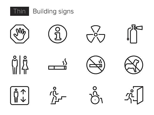 Building signs vector icons set An outline vector icons set with Building signs and symbols emergency services equipment stock illustrations