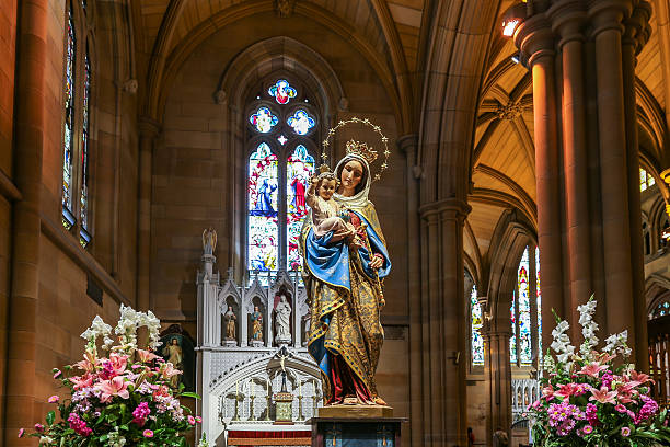 Virgin Mary with Child statue in Cathedral Sydney, Australia - October 13, 2016: Virgin Mary with Child statue in st. Mary's Cathedral sistine madonna stock pictures, royalty-free photos & images