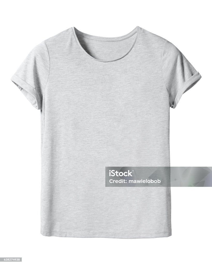 Woman`s gray t-shirt with copy space isolated on white Woman`s gray t-shirt with empty space on white background T-Shirt Stock Photo