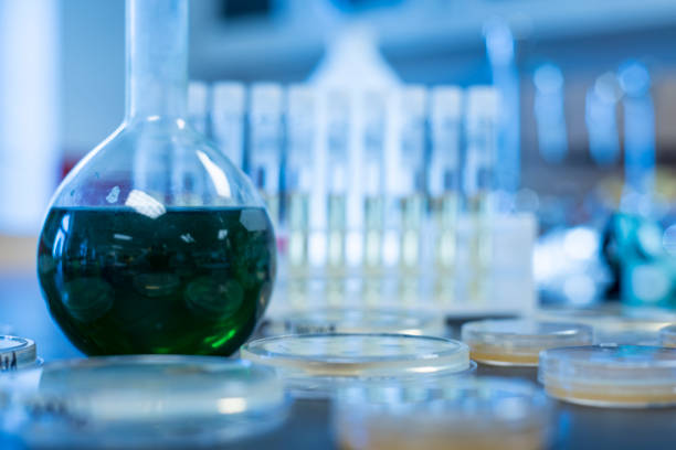 istock Chemistry laboratory glassware with colour liquids 638275532