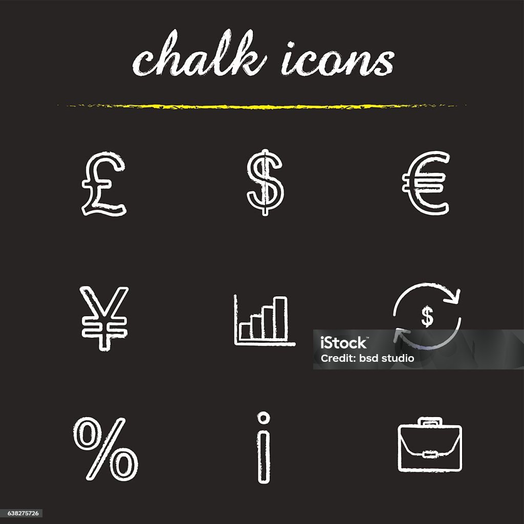 Banking and finance icons Banking and finance chalk icons set. Vector. Great Britain pound, US dollar, euro and yen signs, growth chart, money exchange, percentage and briefcase Euro Symbol stock vector