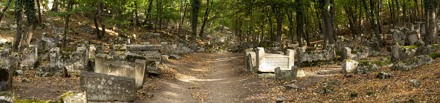 Valley of Josaphat in Crimea. Karaite cemetery, at least 5,000 tombstones. Shaped tombstones are diverse: rectangular plate, two-horned, horned, obelisks, stelae. The first burial was made here not earlier XIV-XV centuries. The epitaphs on monuments made in the vast majority of the Hebrew language, although there are at Karaim (dialect of the Crimean Tatar), but in Hebrew letters. Panorama of seven frames, daylight, sun glare.