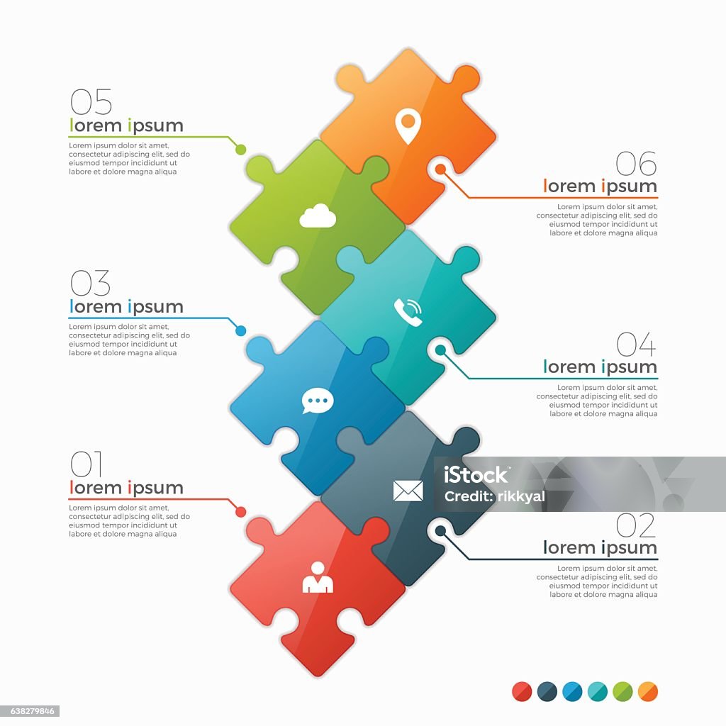 Vector 6 options infographic template with puzzle sections Vector 6 options infographic template with puzzle sections for presentations, advertising, layouts, annual reports Number 6 stock vector