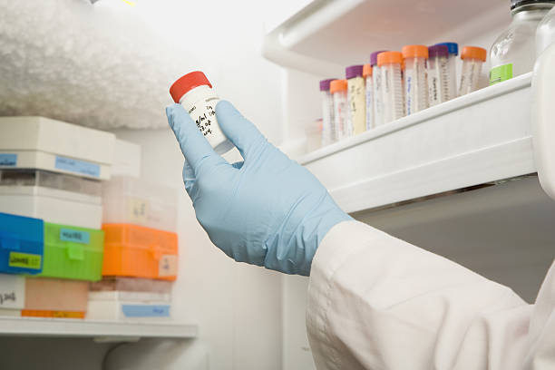 Scientist holding experiment sample in laboratory medical freezer