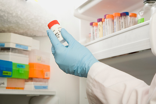Scientist holding experiment sample in laboratory medical freezer