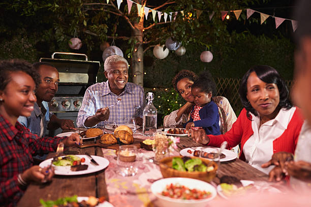 istock Multi generation family eating dinner in garden, close up 638288202