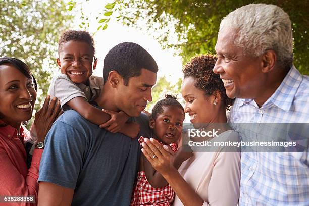 Foto de Família Negra De Várias Gerações Se Olham No Jardim e mais fotos de stock de Família