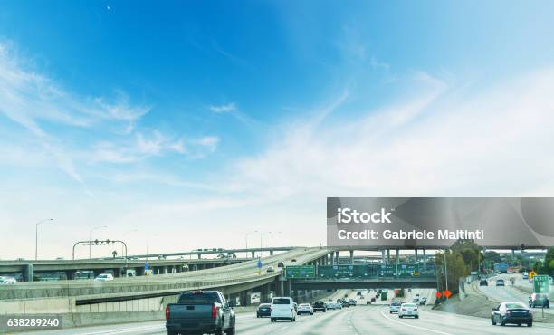Traffic In 110 Freeway In Los Angeles Stock Photo - Download Image Now - Multiple Lane Highway, California, Interstate