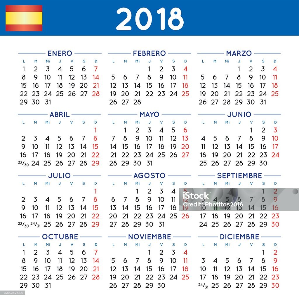 Year 2018 squared calendar spanish week starts on monday 2018 elegant squared calendar in spanish. Year 2018 calendar. Calendar 2018. calendario 2018. week starts on monday 2018 stock vector