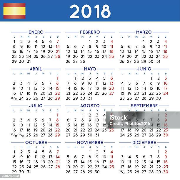 Year 2018 Squared Calendar Spanish Week Starts On Monday Stock Illustration - Download Image Now