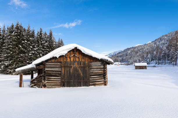 schneebedecktes holzchalet in weißer winterlandschaft - shack european alps switzerland cabin stock-fotos und bilder
