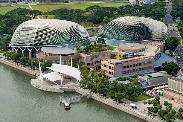 Aerial view of Esplanade theatre at Marina Bay Singapore, Singapore - December 12, 2016: Aerial view of Esplanade theatre and out stage at Marina Bay, Singapore.It is a modern building for musical,art gallery and concert. sound port stock pictures, royalty-free photos & images