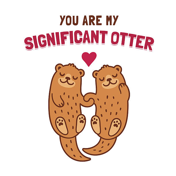 Otter couple holding hands Cute cartoon otter couple holding hands with text You Are My Significant Otter. Funny Valentine's Day greeting card illustration. joined at hip stock illustrations