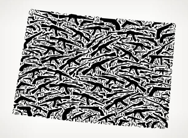 Wyoming Gun Black Icon Pattern Background Wyoming Gun Black Icon Pattern Background. The icon shape is made up of various gun and bullet icons in black color. The background has a light gradient and the black guns, machine guns, bullet, cross hair and target icons vary in size. ak 47 bullets stock illustrations