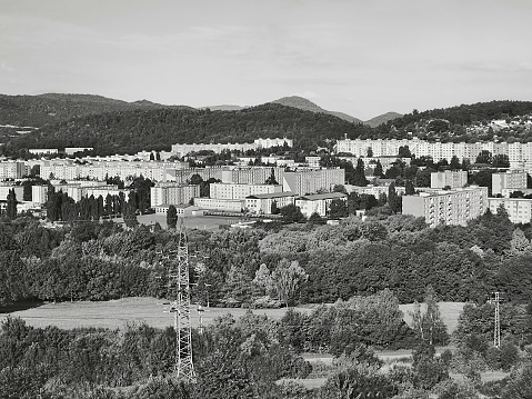 black and white photo of Kadan city from a hill Bystricky kopec in czech republic