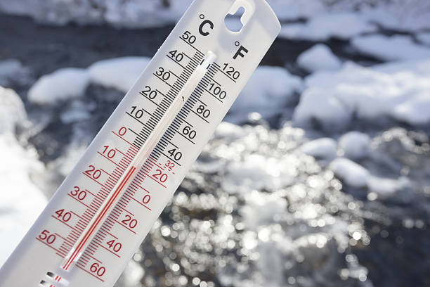 Below Zero degree Celsius temperature on mercury thermometer with frozen creek in background. Photo is taken with dslr camera on cold, sunny, winter day.
