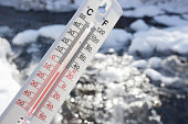 Below Zero degree Celsius temperature with frozen creek in background
