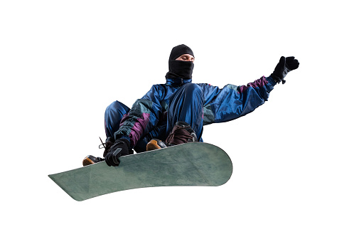 man jumping on snowboard isolated on white background
