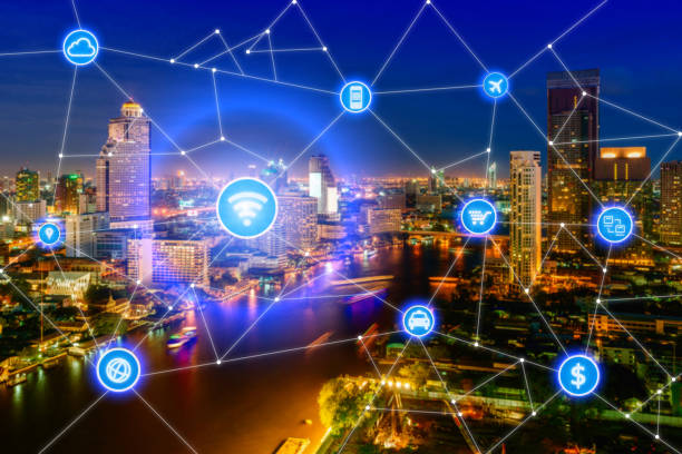 istock Smart city and wireless communication network, business district 638308052