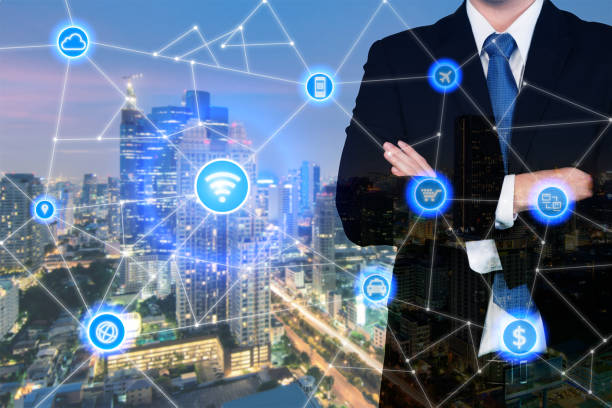 istock businessman standing with arms crossed with technology and communication icon. 638310040