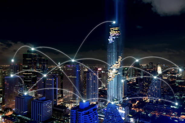 istock Smart city and wireless communication network, business district 638310390