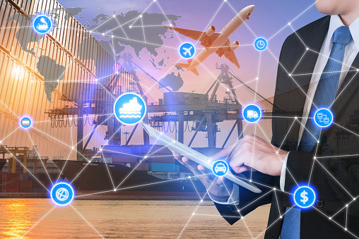 Global business connection technology interface global partner connection of Container Cargo freight ship for logistic import export background. Business logistics concept , internet of things